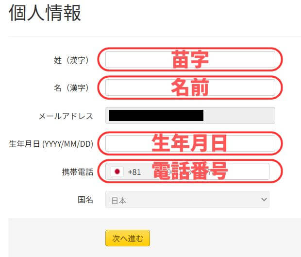 ゼントレーダーの本人確認入力。