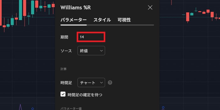ウィリアムズ％Rのパラメータ設定。
