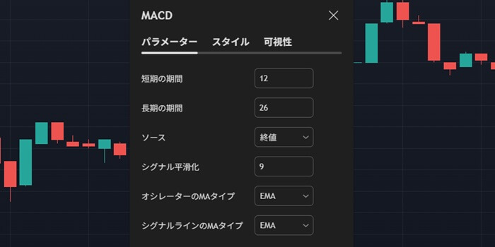 MACDの設定値。弄る必要はなくデフォルトでOK。
