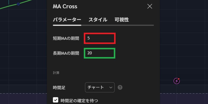 5分取引の移動平均線の設定。