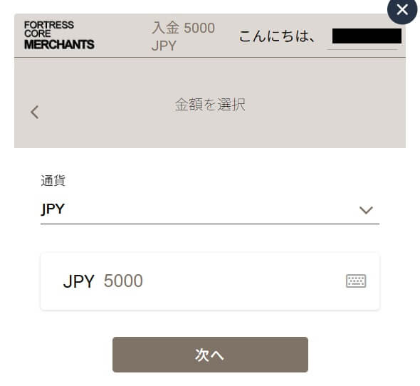 デビットカードで入金を行う時の画面。